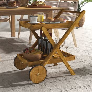 Outsunny Desserte de jardin chariot pour barbecue en bois avec 2 plateaux, 3 casiers à bouteilles et 2 roues 52L x 71l x 74H cm bois naturel 2