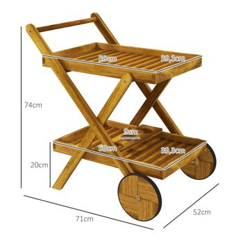 Outsunny Desserte de jardin chariot pour barbecue en bois avec 2 plateaux, 3 casiers à bouteilles et 2 roues 52L x 71l x 74H cm bois naturel 5