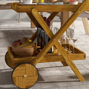 Outsunny Desserte de jardin chariot pour barbecue en bois avec 2 plateaux, 3 casiers à bouteilles et 2 roues 52L x 71l x 74H cm bois naturel 9