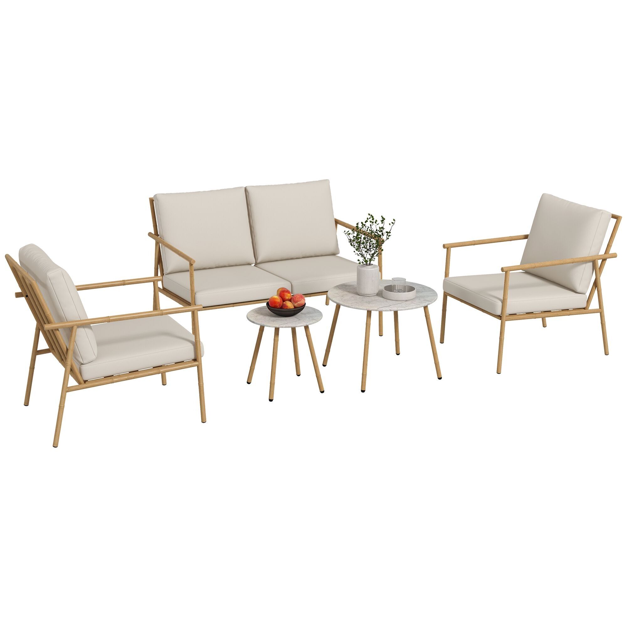 Outsunny Conjunto de Jardín para 4 Personas de 5 Piezas con Sofá de 2 Plazas, 2 Mesa de Centro y 2 Sillones con Cojines, Tapa de Mármol, Estructura de Acero, Blanco Marrón