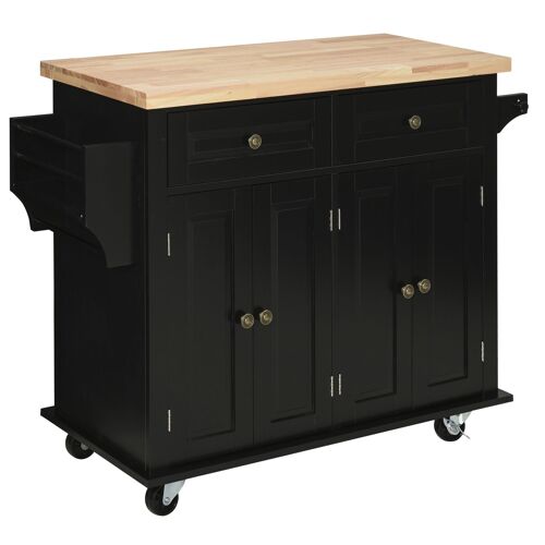 HOMCOM Desserte ilôt de cuisine multi rangements 2 tiroirs 2 placard 2 portes avec étagère range-bouteille porte-torchons MDF noir hévéa