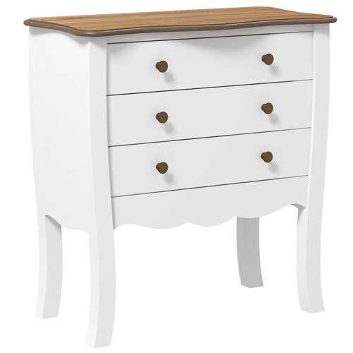 HOMCOM Commode 3 tiroirs meuble de rangement style classique poignée bouton effet laiton, pour chambre, entrée, salon, dim. 74L x 37l x 76,5H cm, blanc