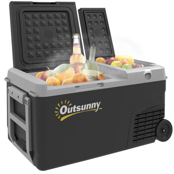 Outsunny Glacière électrique portable congélateur et réfrigérateur avec 2 zones - contenance 27 L, poignée et roulettes, 12/24 V DC et 100-240V AC, jusqu'à -20°C 1