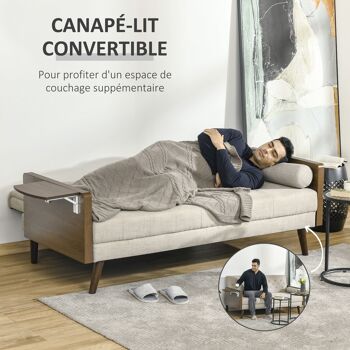 HOMCOM Canapé Convertible 3 Places Design scandinave Dossier inclinable 3 Positions Tablette Rabattable 2 Coussins Inclus Pieds effilés Bois Eucalyptus fumé Tissu Coton Polyester Aspect Lin Beige 3