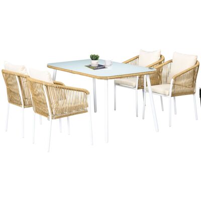 Outsunny Muebles de Jardín Conjunto de Comedor de Ratán PE para 4 Personas con Sillas y Cojines Apilables, Tapa de Vidrio Templado, Estructura de Aluminio, Amarillo y Blanco