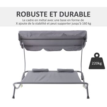 Outsunny Bain de Soleil 2 Places lit de Jardin Design Contemporain Toit réglable 2 roulettes 2 oreillers Acier époxy Polyester Gris 6