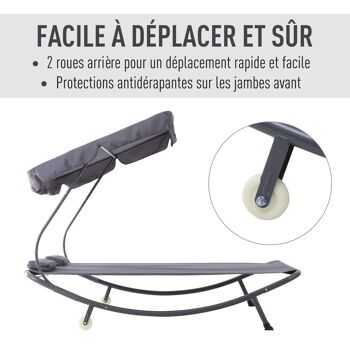 Outsunny Bain de Soleil 2 Places lit de Jardin Design Contemporain Toit réglable 2 roulettes 2 oreillers Acier époxy Polyester Gris 7