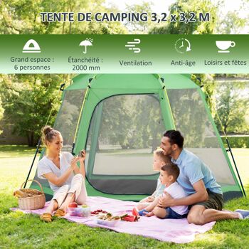 Outsunny Tente de camping familiale Tente dôme pop-up pour 6 personnes Imperméable Légère Ventilée Montage facile 4 fenêtres 2 portes Dimensions 320 L x 320 l x 176 H cm Fibre de verre Polyester Vert Gris 3