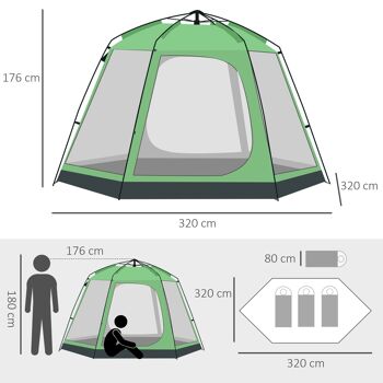 Outsunny Tente de camping familiale Tente dôme pop-up pour 6 personnes Imperméable Légère Ventilée Montage facile 4 fenêtres 2 portes Dimensions 320 L x 320 l x 176 H cm Fibre de verre Polyester Vert Gris 5