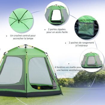 Outsunny Tente de camping familiale Tente dôme pop-up pour 6 personnes Imperméable Légère Ventilée Montage facile 4 fenêtres 2 portes Dimensions 320 L x 320 l x 176 H cm Fibre de verre Polyester Vert Gris 6