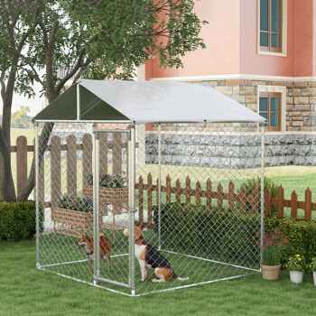 PawHut Chenil d'extérieur pour chiens - enclos parc 4m² avec auvent et porte verrouillable - en métal grillagé - Dim. 200L x 200l x 237H cm 2