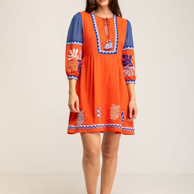 EMBROIDERED DRESS 100% COTTON IC2545V_CORAL