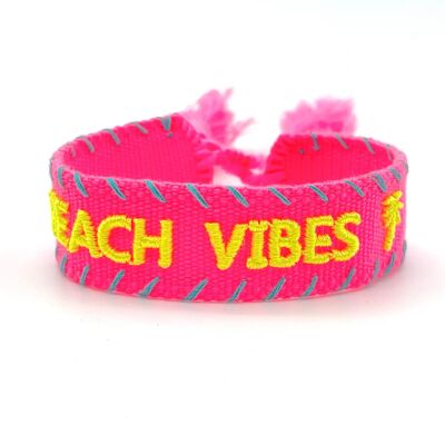 Bracelet déclaration BEACH VIBES tissé, palmier rose bulle fluo brodé