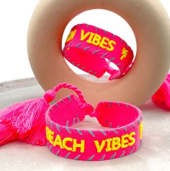 Bracelet déclaration BEACH VIBES tissé, palmier rose bulle fluo brodé 2