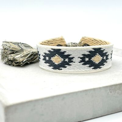 Bracelet déclaration BOHO IKAT tissé, brodé écru sable noir