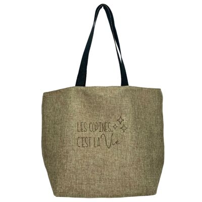 M Strandtasche, schimmernde Jute „Girlfriends are life“.