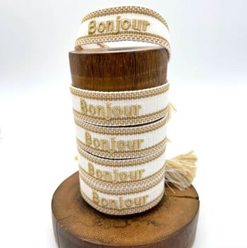 Bracelet tendance BONJOUR tissé et brodé caramel blanc cassé 3