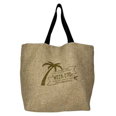 L-Strandtasche aus schimmernder Jute mit der Aufschrift „Wir gehen auf ein romantisches Wochenende“.