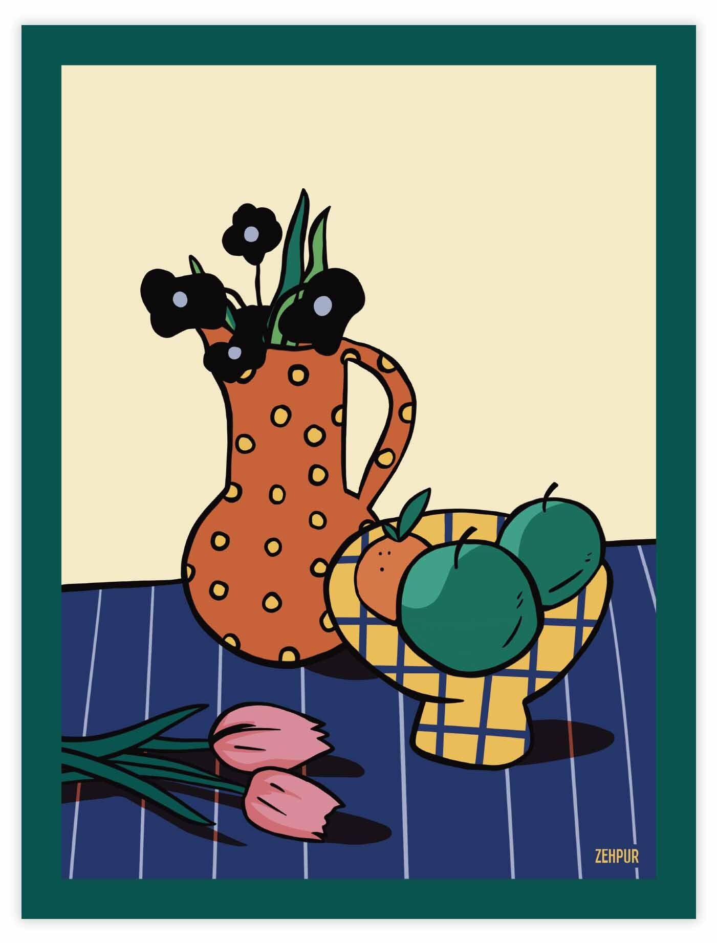 Stillleben-Plakat | Grafisches Blumen- und Obstplakat