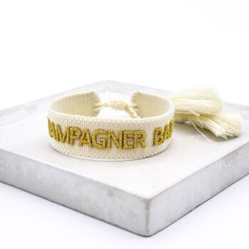 Bracelet déclaration CHAMPAGNE BABY tissé, brodé écru doré 2