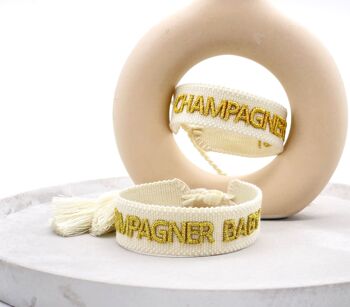 Bracelet déclaration CHAMPAGNE BABY tissé, brodé écru doré 4