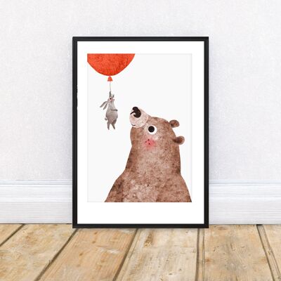 Impresión de arte A4 flotante de oso y conejito