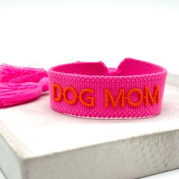 Bracelet déclaration DOG MOM tissé, brodé rose orange 2