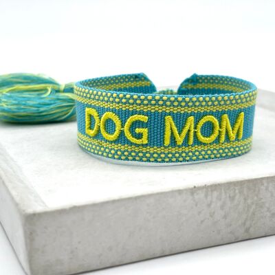 Pulsera llamativa DOG MOM tejida, bordada en amarillo turquesa