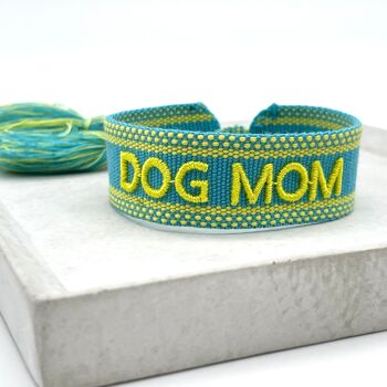Bracelet déclaration DOG MOM tissé, brodé jaune turquoise 1