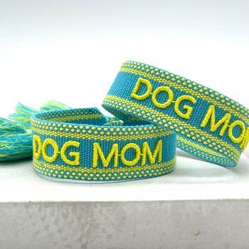 Bracelet déclaration DOG MOM tissé, brodé jaune turquoise 2