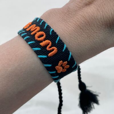 DOG MOM Statement Armband gewebt, bestickt schwarz türkis orange