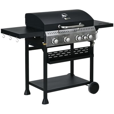 Outsunny Parrilla de Gas 4+1, Carro de Barbacoa de Gas Propano de 12,5 kW con Ruedas, Rejilla de Calentamiento, Estantes, Termómetro, Abridor de Botellas, Negro