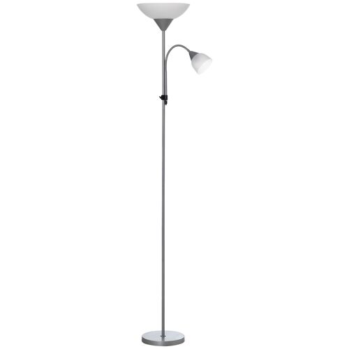 HOMCOM Lampadaire, lampe de salon sur pied avec 2 têtes douille E27 et E14, base en métal dim. Ø28 x 179,5H cm argent et blanc