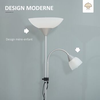 HOMCOM Lampadaire, lampe de salon sur pied avec 2 têtes douille E27 et E14, base en métal dim. Ø28 x 179,5H cm argent et blanc 3