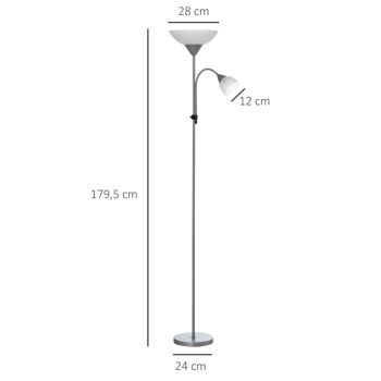 HOMCOM Lampadaire, lampe de salon sur pied avec 2 têtes douille E27 et E14, base en métal dim. Ø28 x 179,5H cm argent et blanc 5