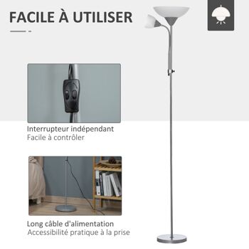 HOMCOM Lampadaire, lampe de salon sur pied avec 2 têtes douille E27 et E14, base en métal dim. Ø28 x 179,5H cm argent et blanc 6