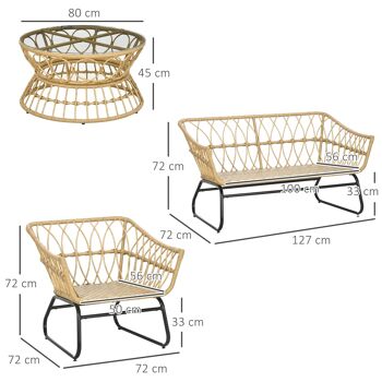 Outsunny Salon de jardin 4 pièces en résine tressée canapé 2 places + 2 fauteuils + 1 table basse plateau verre trempé 7 coussins - structure en acier  - sable et crème 5