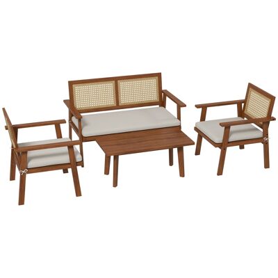 Set di mobili da giardino da 4 pezzi Outsunny - set di mobili da esterno - 2 poltrone, 1 divano, 1 tavolino, cuscini - Stile boemo - legno di acacia e resina intrecciata