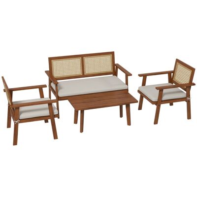 Outsunny Conjunto de Muebles de Jardín 4 Piezas - Conjunto de Muebles de Exterior - 2 Sillones, 1 Sofá, 1 Mesa de Centro, Cojines - Estilo Bohemio - Madera de acacia y Resina Tejida