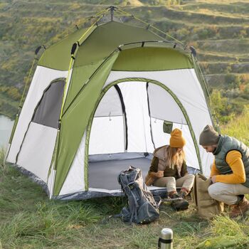 Outsunny Tente de camping familiale 4 personnes tente dôme étanche légère, ventilée facile à monter pop-up 4 fenêtres pare-soleil dim. 2,4L x 2,4l x 1,99H m fibre verre polyester vert gris 2