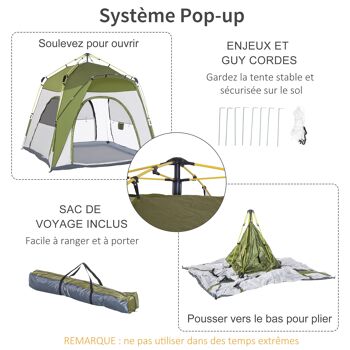 Outsunny Tente de camping familiale 4 personnes tente dôme étanche légère, ventilée facile à monter pop-up 4 fenêtres pare-soleil dim. 2,4L x 2,4l x 1,99H m fibre verre polyester vert gris 4
