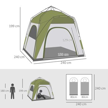 Outsunny Tente de camping familiale 4 personnes tente dôme étanche légère, ventilée facile à monter pop-up 4 fenêtres pare-soleil dim. 2,4L x 2,4l x 1,99H m fibre verre polyester vert gris 5