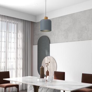 HOMCOM Suspension luminaire lustre plafonnier design moderne hauteur ajustable douille E27 abat-jour en métal et bois Ø 28,5 cm pour salon cuisine chambre gris 2