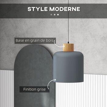 HOMCOM Suspension luminaire lustre plafonnier design moderne hauteur ajustable douille E27 abat-jour en métal et bois Ø 28,5 cm pour salon cuisine chambre gris 3