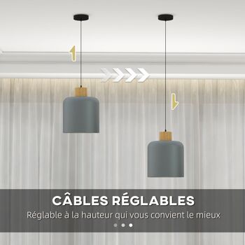 HOMCOM Suspension luminaire lustre plafonnier design moderne hauteur ajustable douille E27 abat-jour en métal et bois Ø 28,5 cm pour salon cuisine chambre gris 4