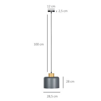 HOMCOM Suspension luminaire lustre plafonnier design moderne hauteur ajustable douille E27 abat-jour en métal et bois Ø 28,5 cm pour salon cuisine chambre gris 5