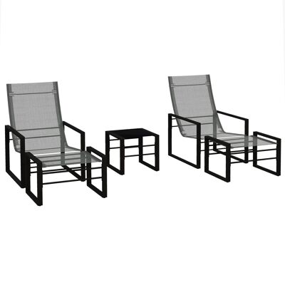 Set di mobili da giardino da 5 pezzi Outsunny tavolo e sedia da giardino a 2 posti con 2 poltrone, 2 poggiapiedi e 1 tavolo, metallo nero, seduta in tessuto a rete grigio