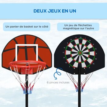 SPORTNOW Support panier de basket-ball 2 en 1 avec hauteur réglable 129 cm et 179 cm et jeu de 6 fléchettes magnétique 3