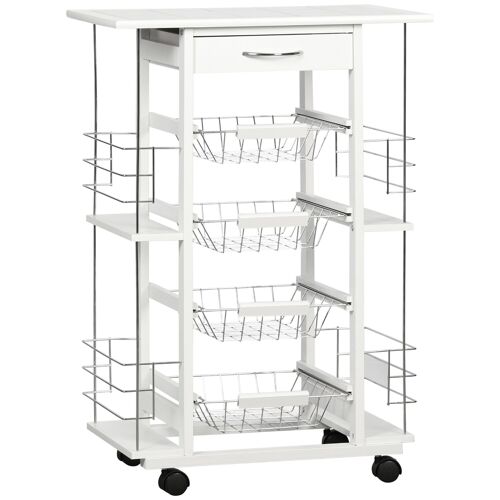 HOMCOM Chariot de service desserte de cuisine à roulettes multi-rangements 4 paniers métal tiroir + 4 range-bouteilles bois pin plateau carrelé blanc