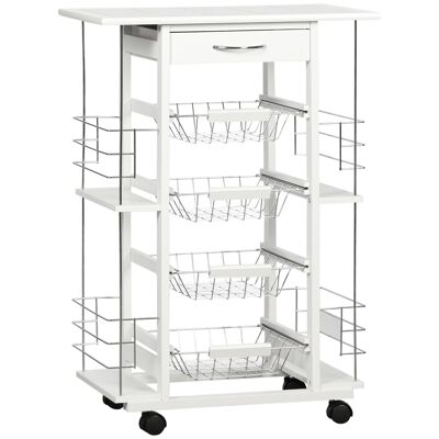 HOMCOM Multi-storage kitchen serving trolley on wheels 4 metal drawer baskets + 4 pine wood bottle racks white tiled top